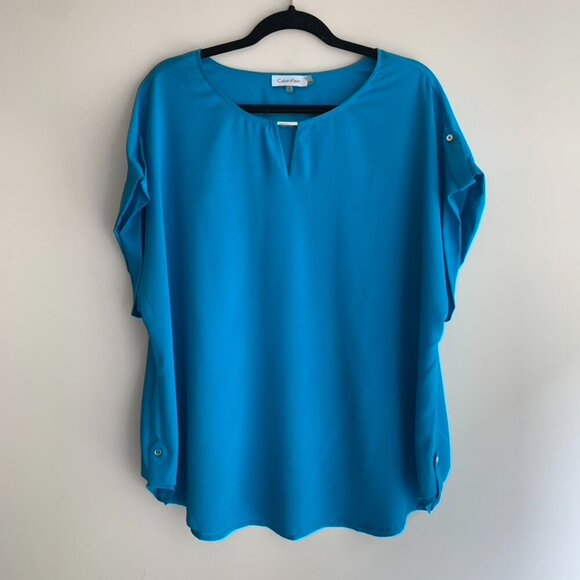 Calvin Klein Women's Draped Blouse Top Short Sleeve Blue Plus Size 1X - Picture 6 of 15
